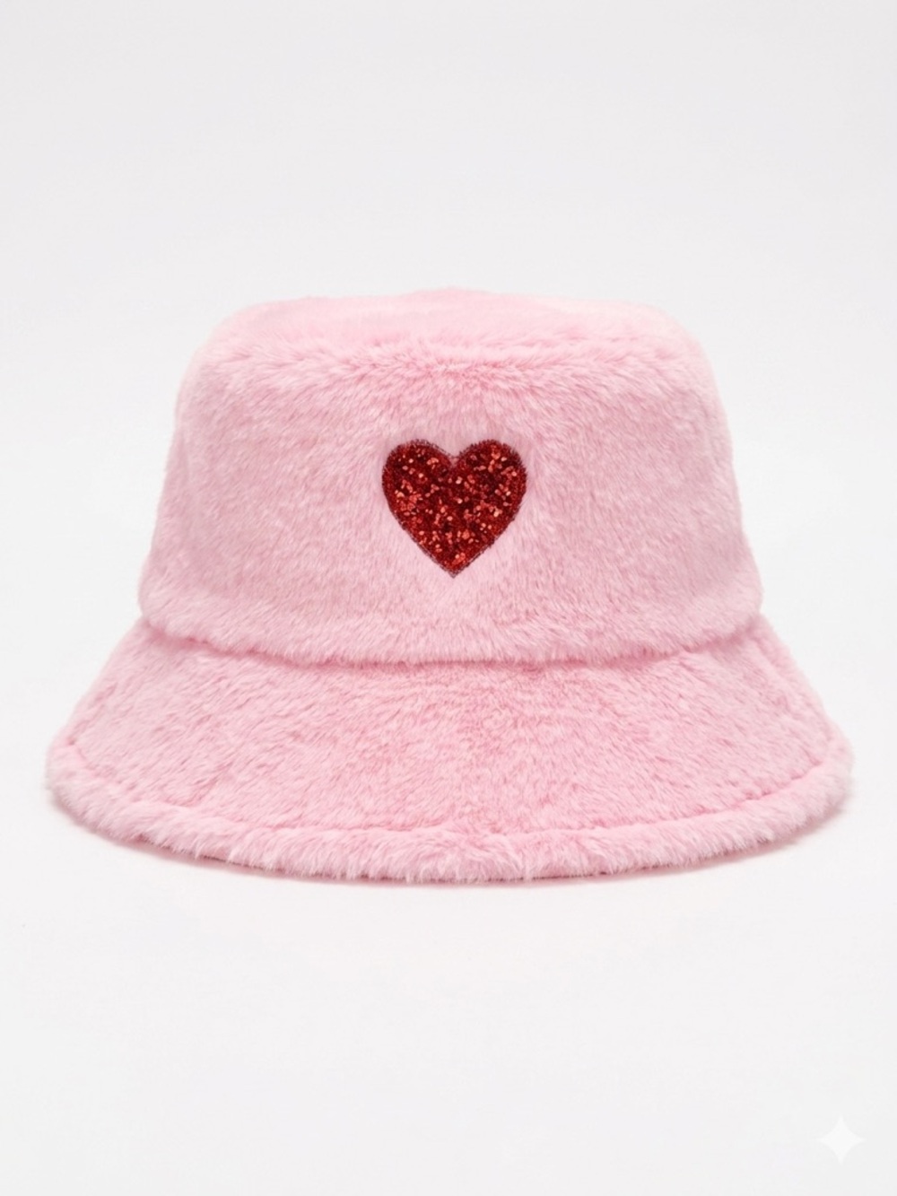 Pink Faux-Fur Bucket Hat with Red Sequin Heart